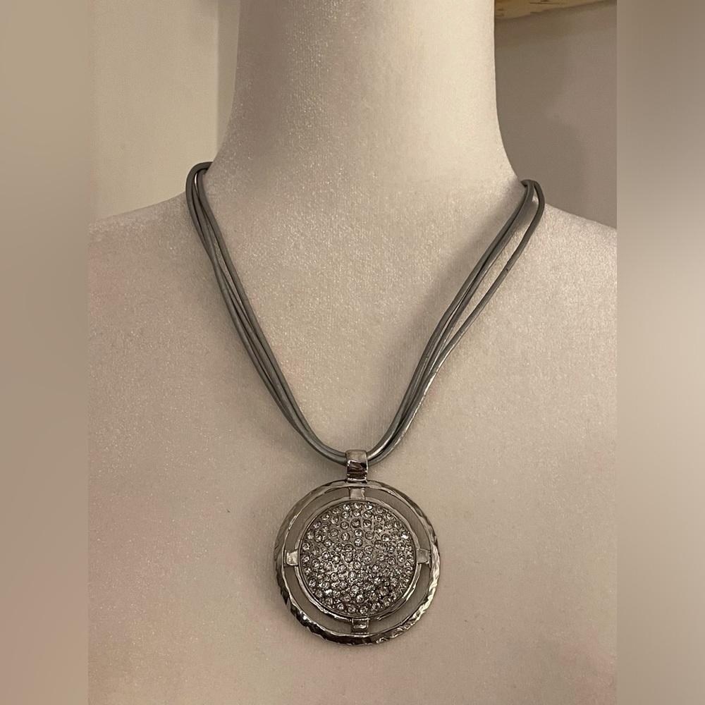 Chico's Silver Pave Disc Pendant Necklace